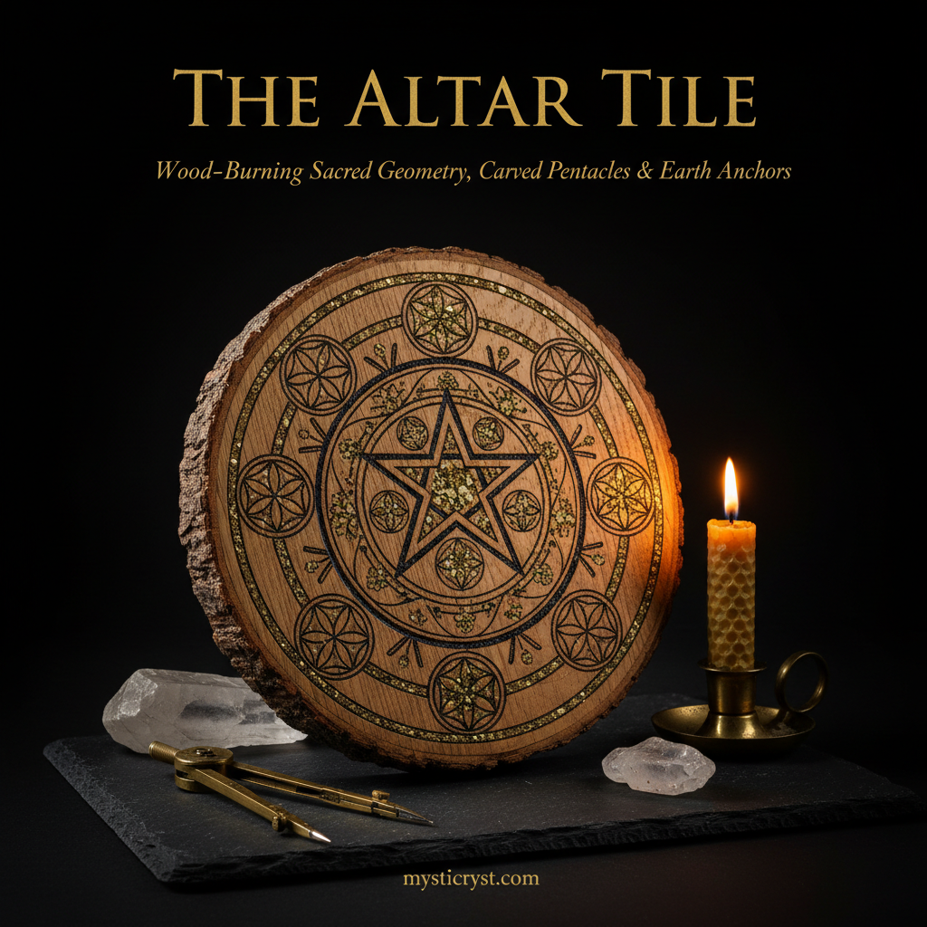 The Altar Tile — solid oak wood altar tile with wood-burned interlaced pentacle and inlaid pyrite dust beside brass compass and candle