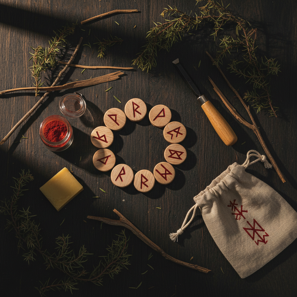 Dark flat lay with carved rune tiles, V-gouge chisel, red ochre pigment, linen pouch and ash wood branch slices