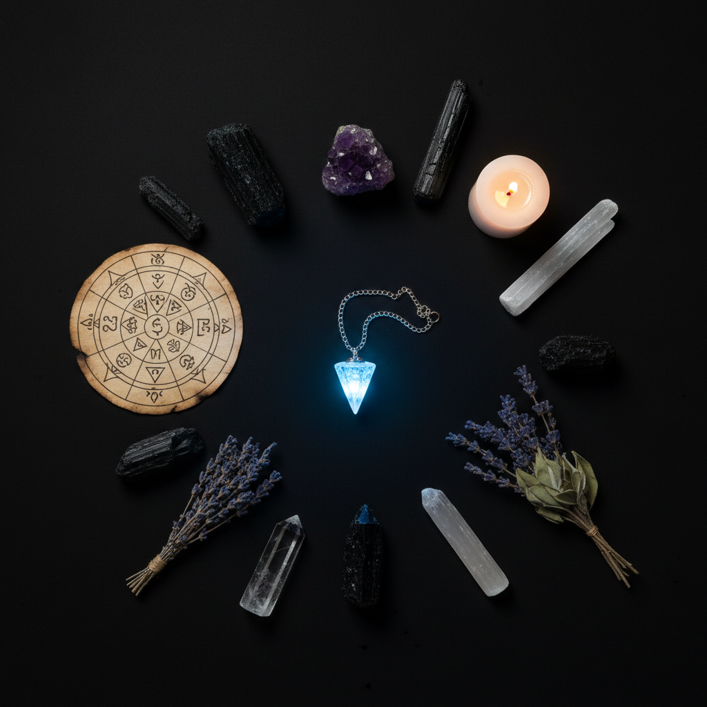 Dark flat lay with crystal pendulum, black tourmaline, selenite, amethyst and chakra diagram in healing circle