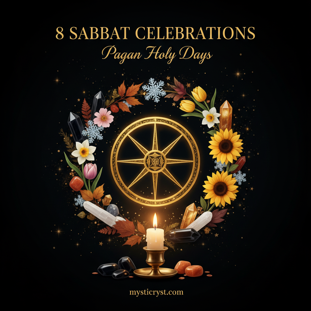 8 Sabbat Celebrations: Pagan Holy Days — golden wheel of the year with seasonal symbols