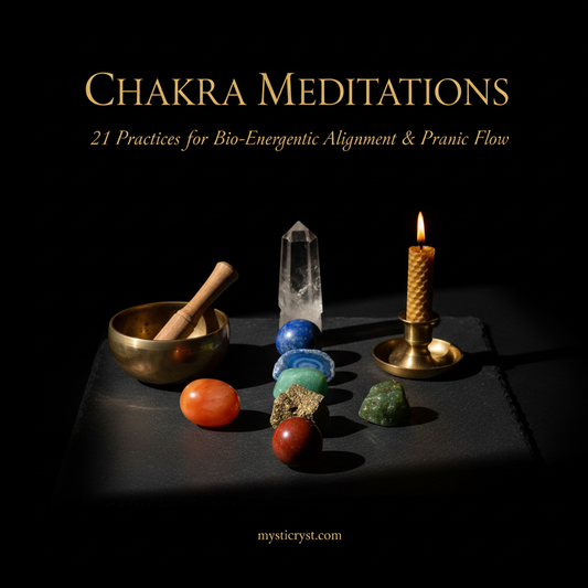 Chakra Meditations — seven authentic alignment crystals in vertical gradient, brass singing bowl and beeswax candle on dark slate altar