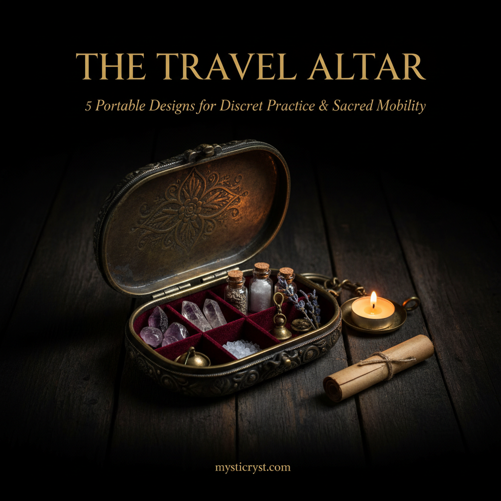 The Travel Altar — antique embossed brass pocket tin with miniature crystals, glass vials, micro bell, and beeswax tealight on weathered wood
