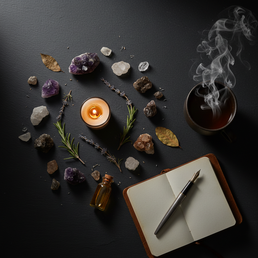 Dark flat lay ritual scene with candle, crystals, herbs and journal