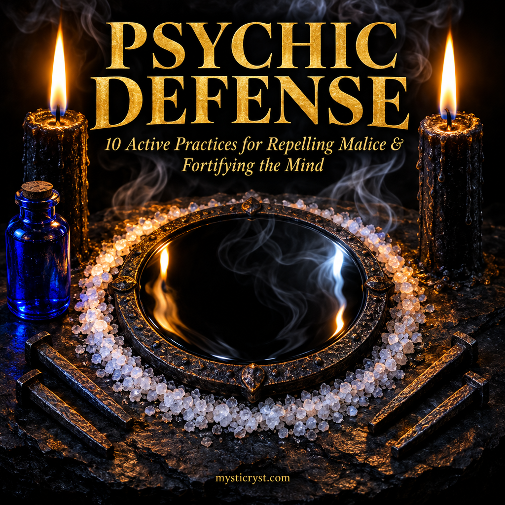 Psychic Defense — circular black obsidian mirror with forged iron rim, sea salt circle, blue glass vial, and iron nails on slate altar