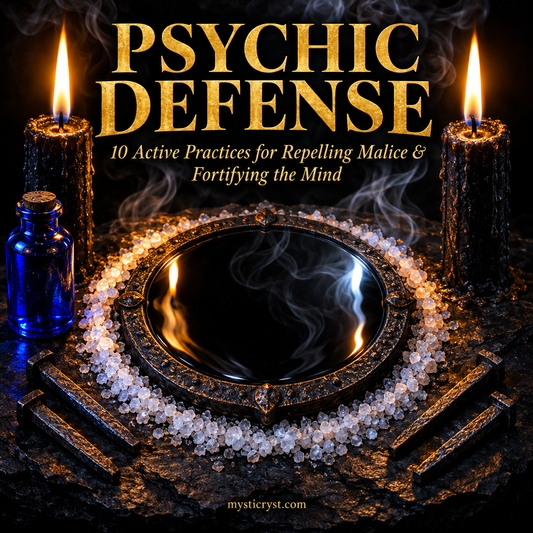 Psychic Defense — circular black obsidian mirror with forged iron rim, sea salt circle, blue glass vial, and iron nails on slate altar
