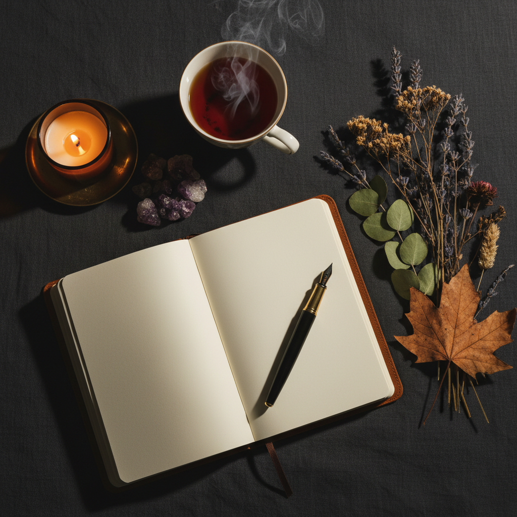 Dark flat lay with open journal, candle, crystals and dried flowers