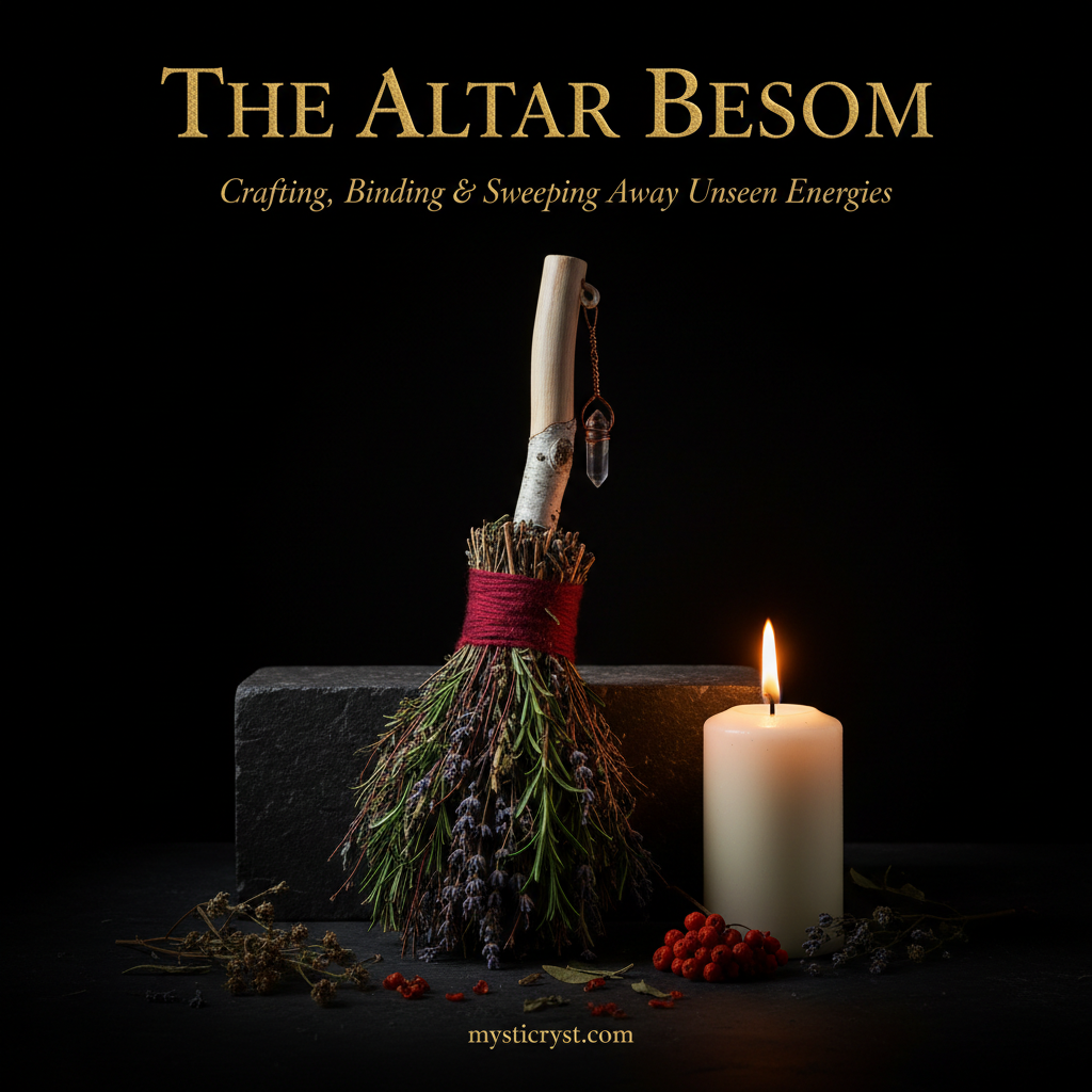 The Altar Besom — handcrafted ash and birch besom with crimson red wool binding and quartz crystal pendant beside altar candle