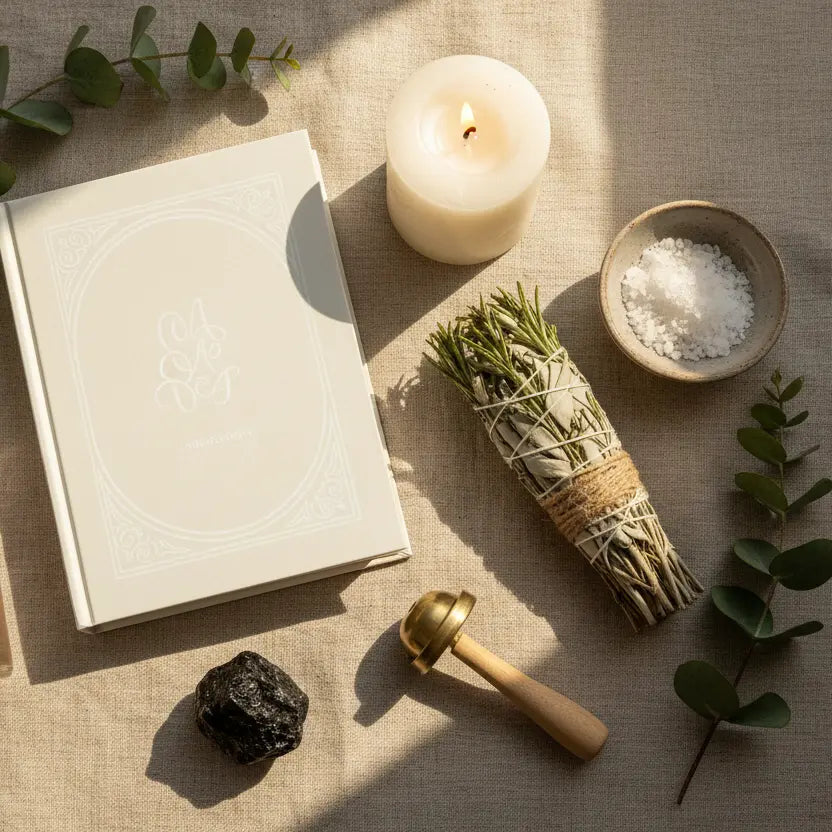 20 Space Clearing Ceremonies lifestyle flat lay with sage salt candle and bell