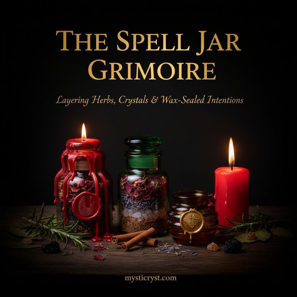 The Spell Jar Grimoire — three spell jars with red wax thumbprint seal, visible herb and crystal layers, and honey jar on dark wood