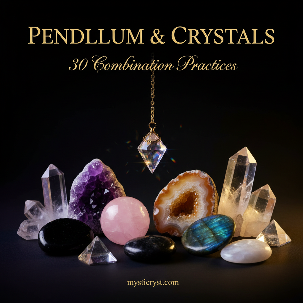 Pendulum & Crystals: 30 Combination Practices — crystal pendulum above glowing crystal collection