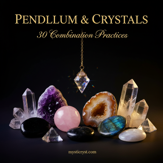 Pendulum & Crystals: 30 Combination Practices — crystal pendulum above glowing crystal collection