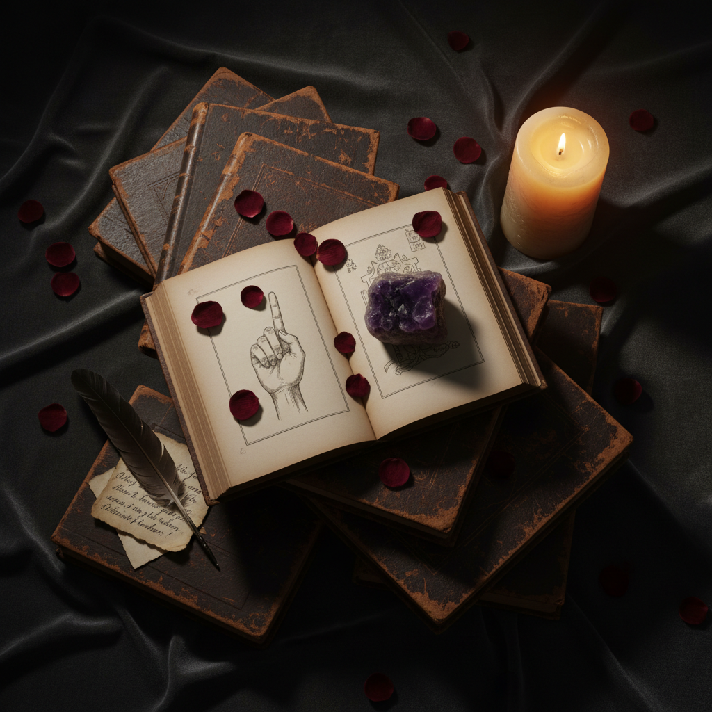 Dark flat lay with open ancient books, amethyst crystal, candle and quill pen for divination