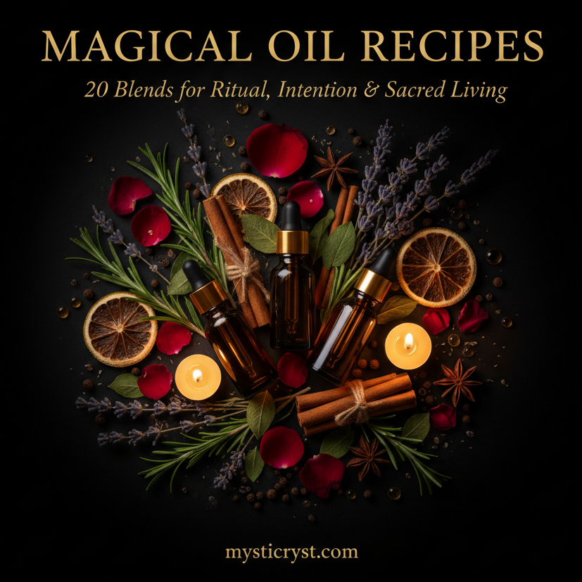 Magical Oil Recipes: 20 Blends — amber glass bottles with botanicals, herbs and candlelight