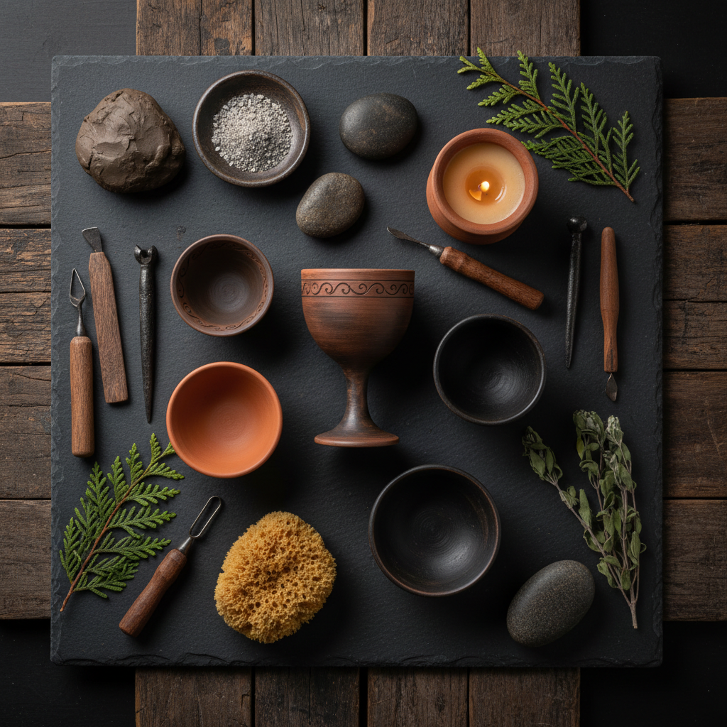 Dark flat lay with handcrafted earthenware pinch pots, stemmed chalice, raw clay, wooden tools, river burnishing stone, quartz sand and beeswax candle