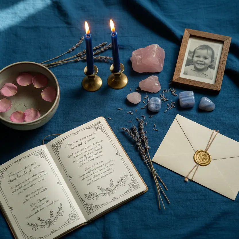 20 Relationship Healing Rituals lifestyle flat lay with candles crystals and water bowl