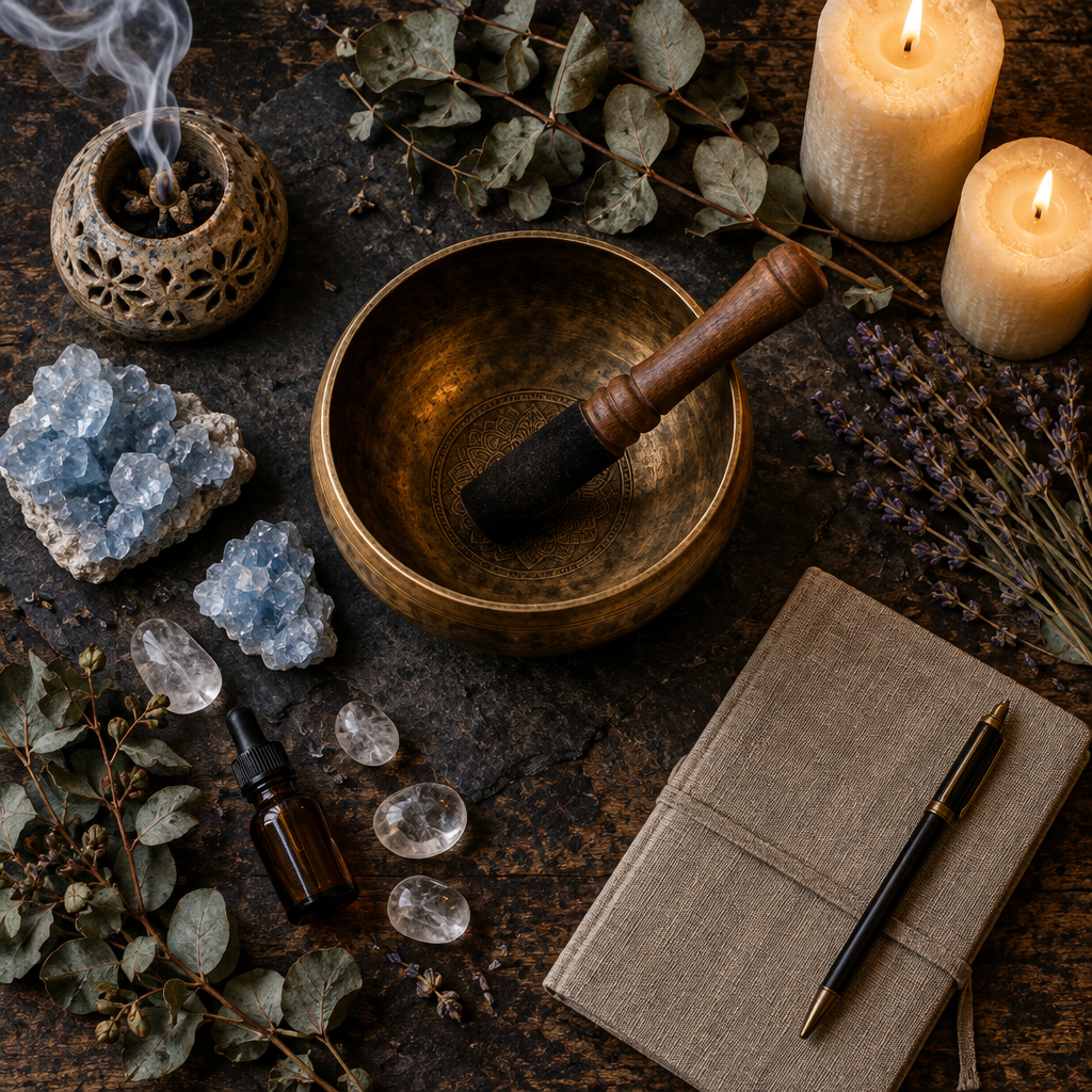 Dark flat lay with bronze singing bowl, raw blue celestite, clear quartz, incense burner with smoke, practice journal, eucalyptus, and beeswax candles