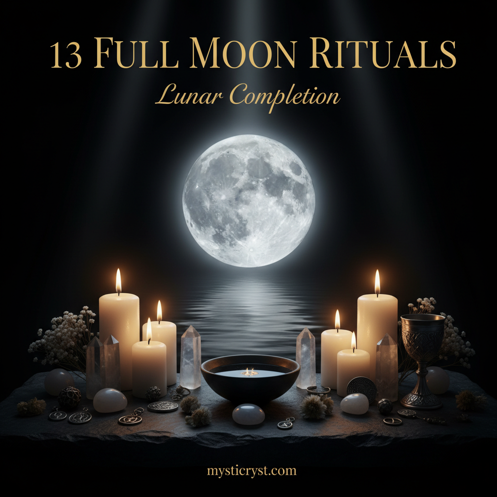 13 Full Moon Rituals: Lunar Completion — full moon reflected on water with crystals and white candles