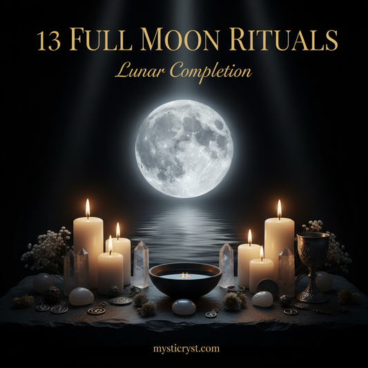 13 Full Moon Rituals: Lunar Completion — full moon reflected on water with crystals and white candles