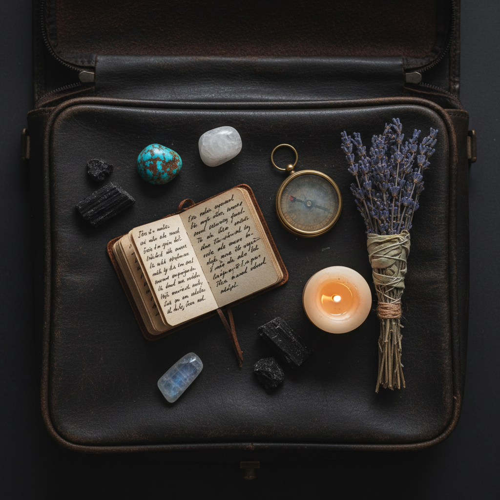 Dark flat lay with travel journal, turquoise and moonstone crystals, compass and sage bundle