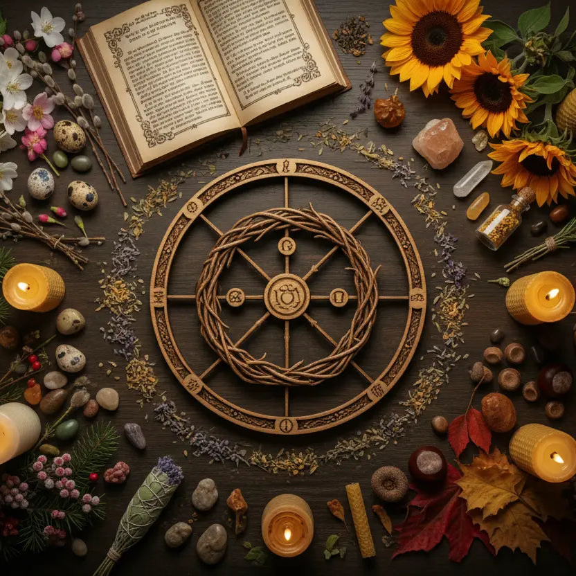 24 Seasonal Rituals lifestyle flat lay with seasonal elements and candles