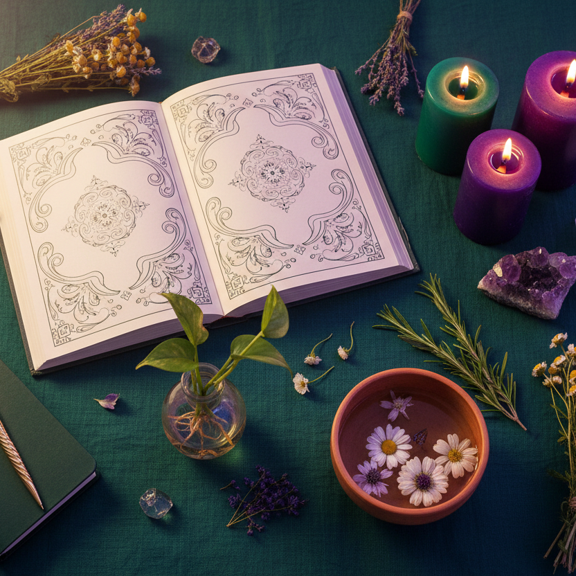 25 Healing Rituals lifestyle flat lay with three candles crystals and healing herbs