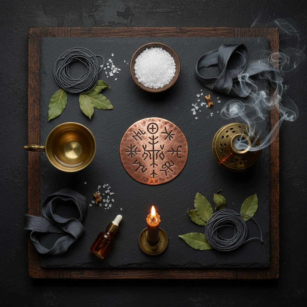 Dark flat lay with inscribed copper talisman disc, salt, water chalice, censer and beeswax candle in workshop