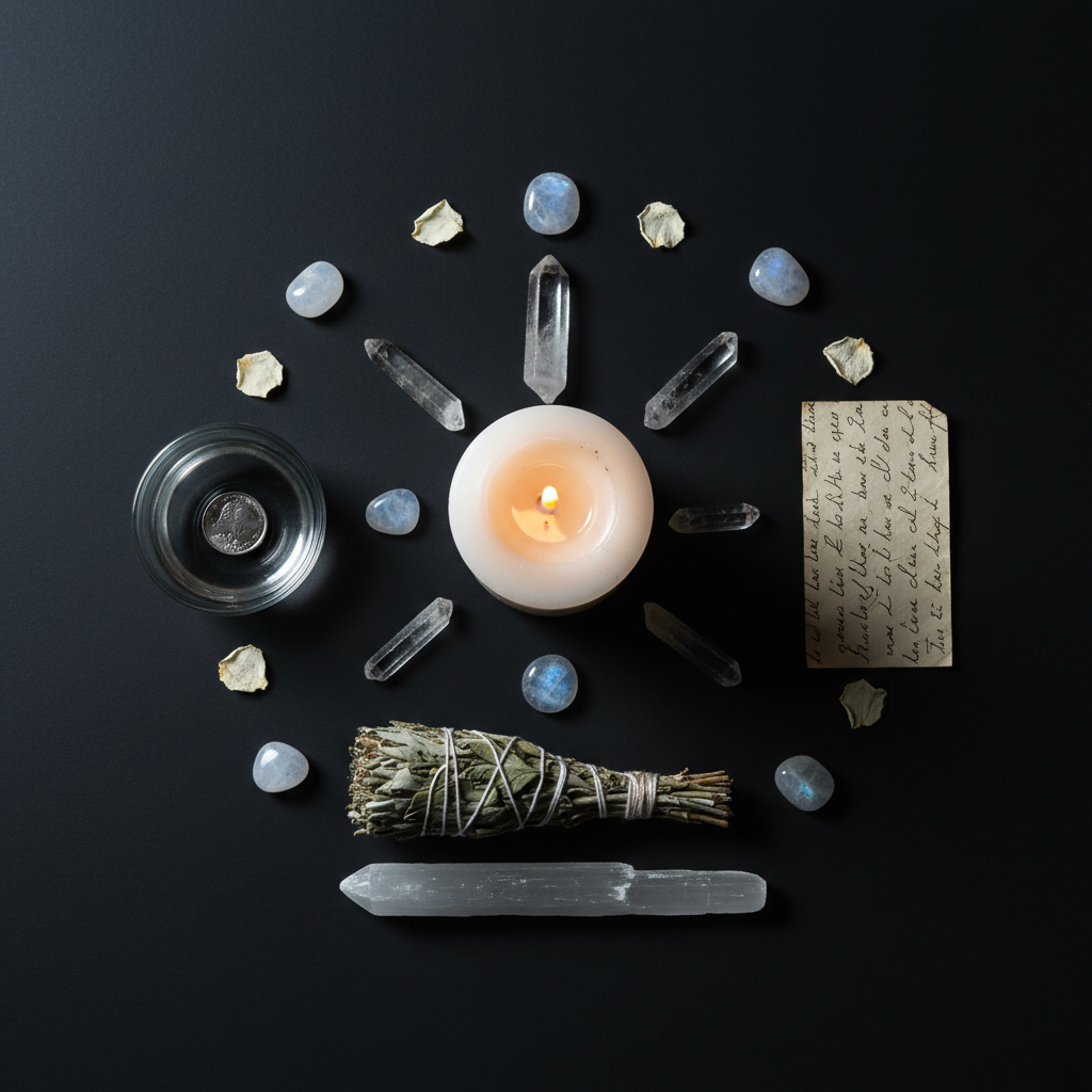 Dark flat lay with white candle, moonstone, clear quartz, dried roses and ritual water bowl in moonlight