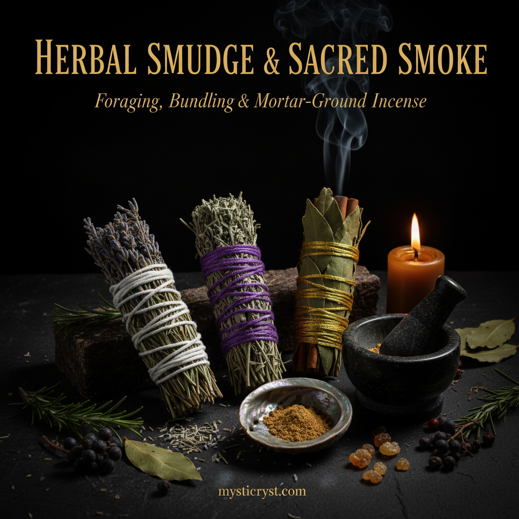 Herbal Smudge and Sacred Smoke — three handcrafted herb bundles with mortar and pestle, frankincense resin and smoldering smoke on dark stone