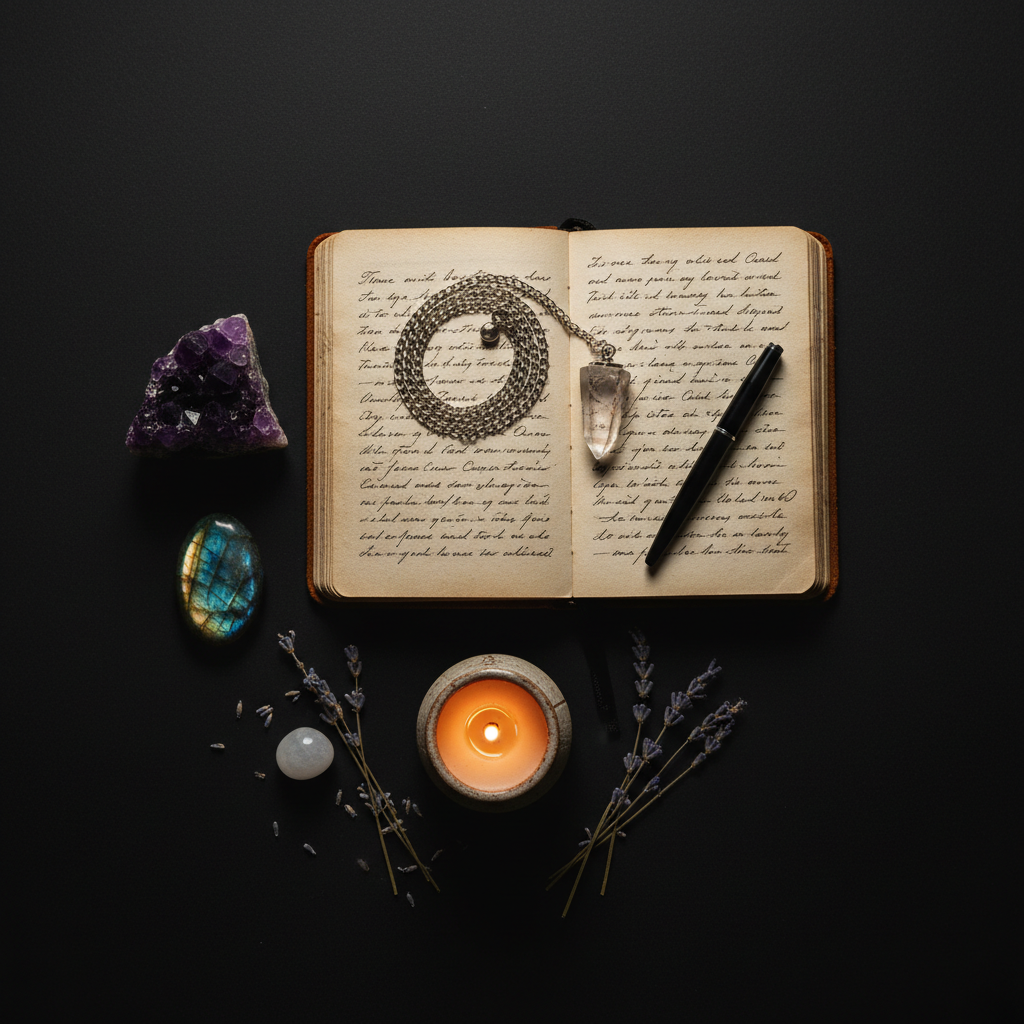 Dark flat lay with open journal, crystal pendulum, amethyst, labradorite and beeswax candle