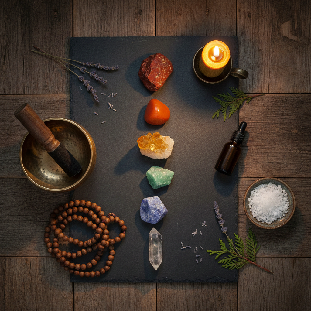 Dark flat lay with seven chakra stones aligned vertically, Tibetan singing bowl, sandalwood mala beads, essential oil and burning beeswax candle