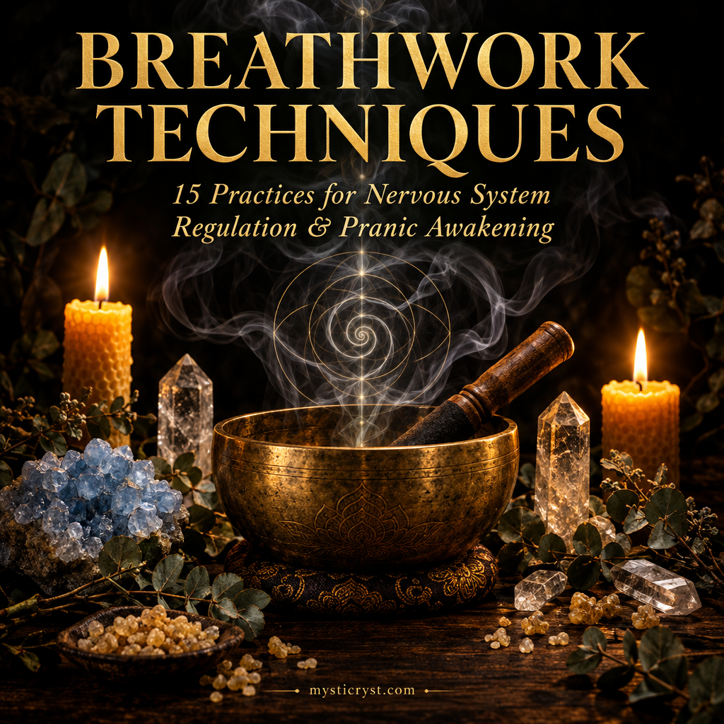 Breathwork Techniques — brass singing bowl, blue celestite, clear quartz points, eucalyptus sprigs, and delicate smoke spirals on dark wood altar