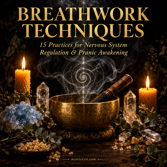 Breathwork Techniques — brass singing bowl, blue celestite, clear quartz points, eucalyptus sprigs, and delicate smoke spirals on dark wood altar