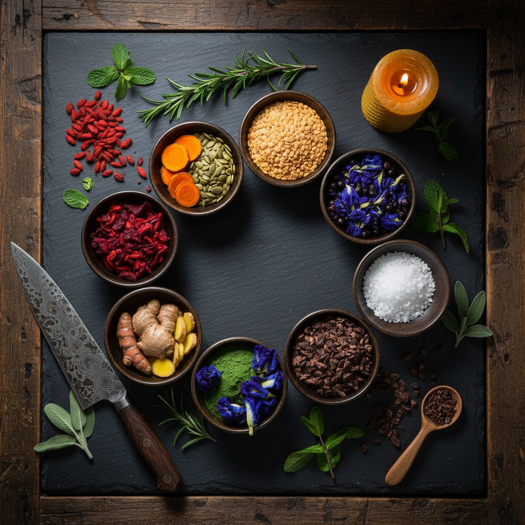 Dark flat lay with seven ceramic pinch bowls in a rainbow arc holding chakra spices, goji berries, turmeric, ginger, matcha, butterfly pea, and cacao
