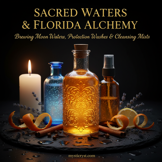 Sacred Waters & Florida Alchemy — antique glass bottle with golden Florida water, cobalt moon water and mist spray with fresh citrus and cinnamon
