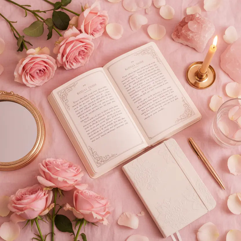 30 Self-Love Rituals lifestyle flat lay with mirror roses and rose quartz