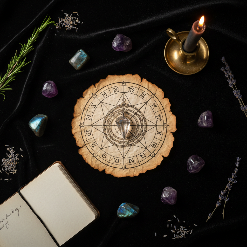 Dark flat lay with crystal pendulum, circular divination chart, amethyst, labradorite and candle