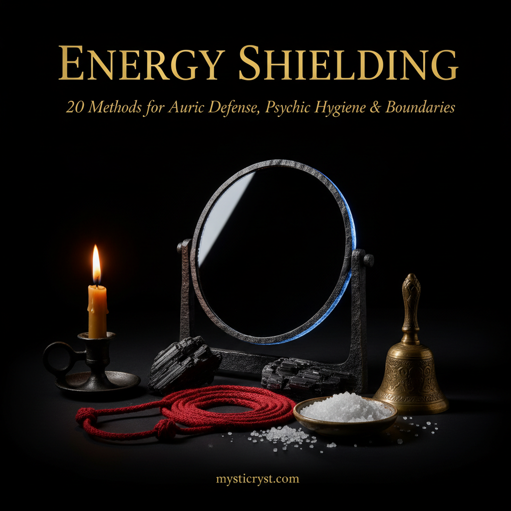 Energy Shielding — circular polished obsidian mirror on iron stand, black tourmaline, knotted red wool cord, brass bell and sea salt on dark altar