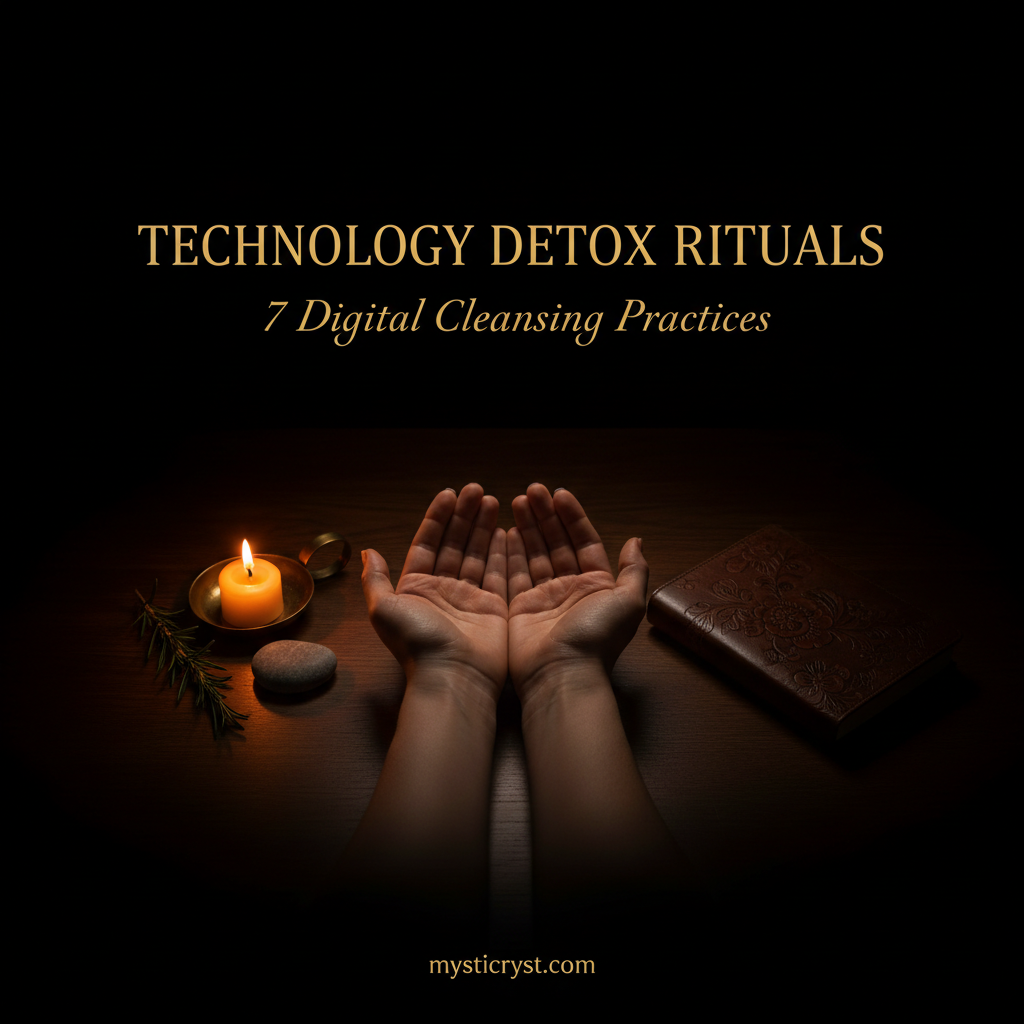 Technology Detox Rituals — open hands beside candle, stone and journal, no screens, warm candlelight