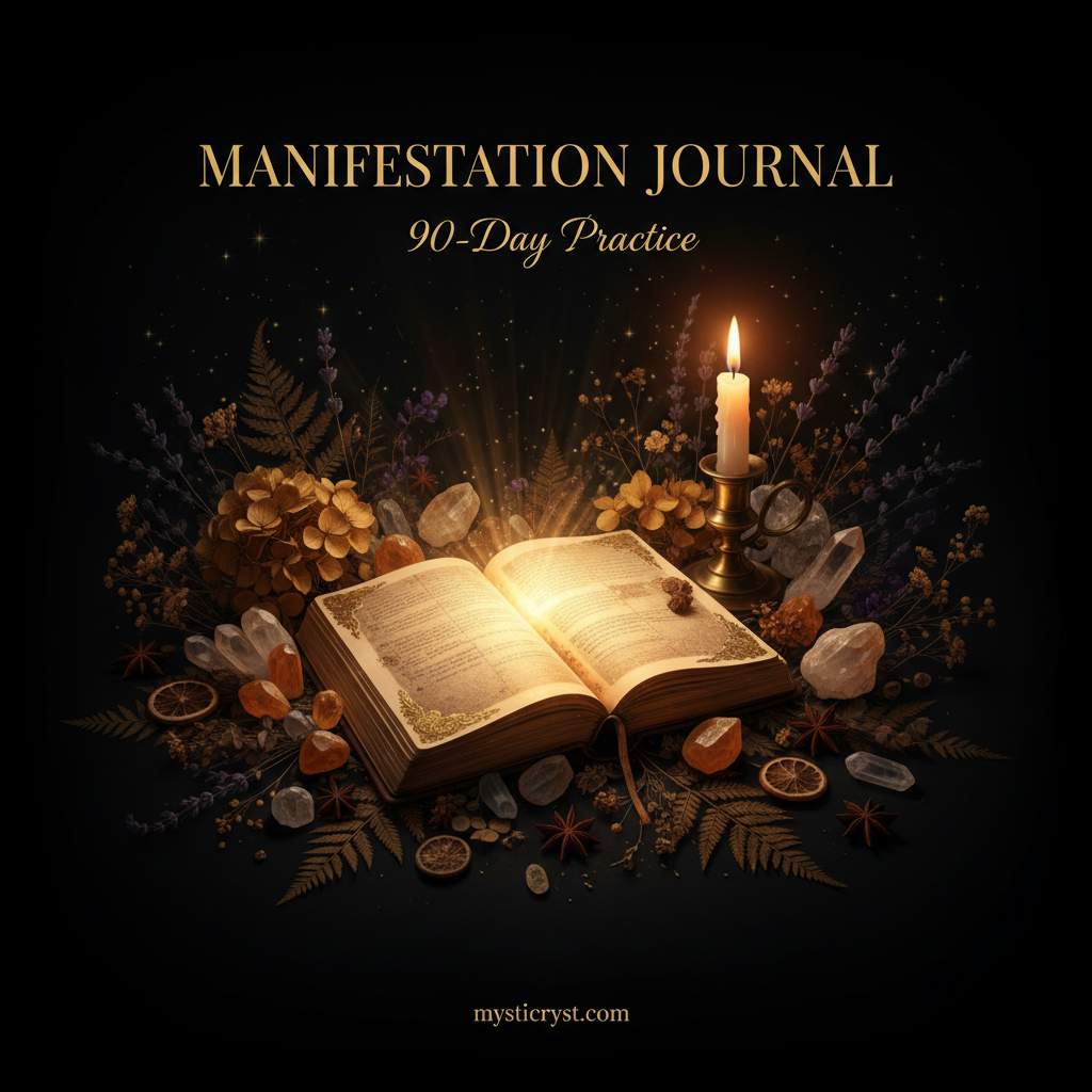 Manifestation Journal: 90-Day Practice — book cover with glowing journal and crystals