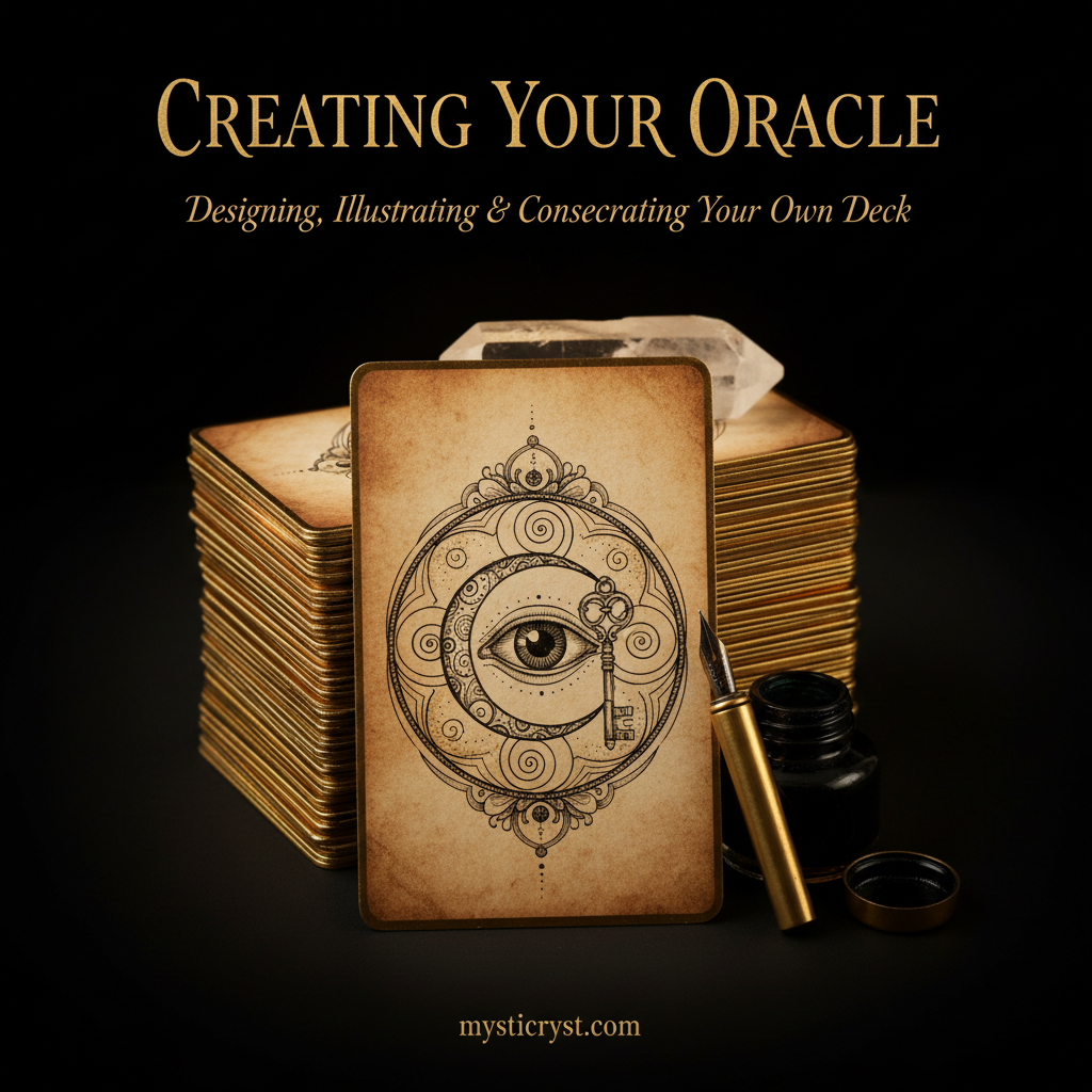Creating Your Oracle — stack of handcrafted oracle cards with gilded gold edges, dip pen and quartz crystal