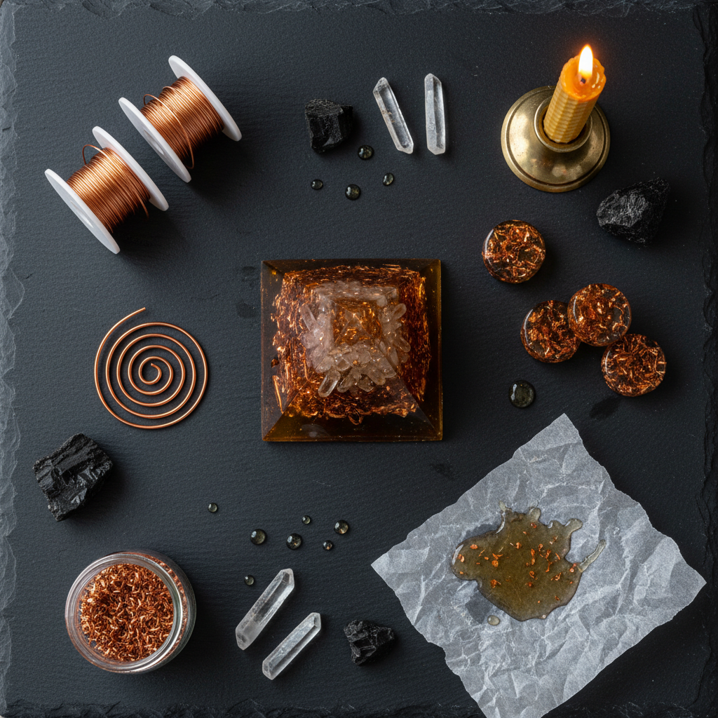 Dark flat lay with orgonite pyramid, copper wire coils, raw crystals, black tourmaline and tower buster discs