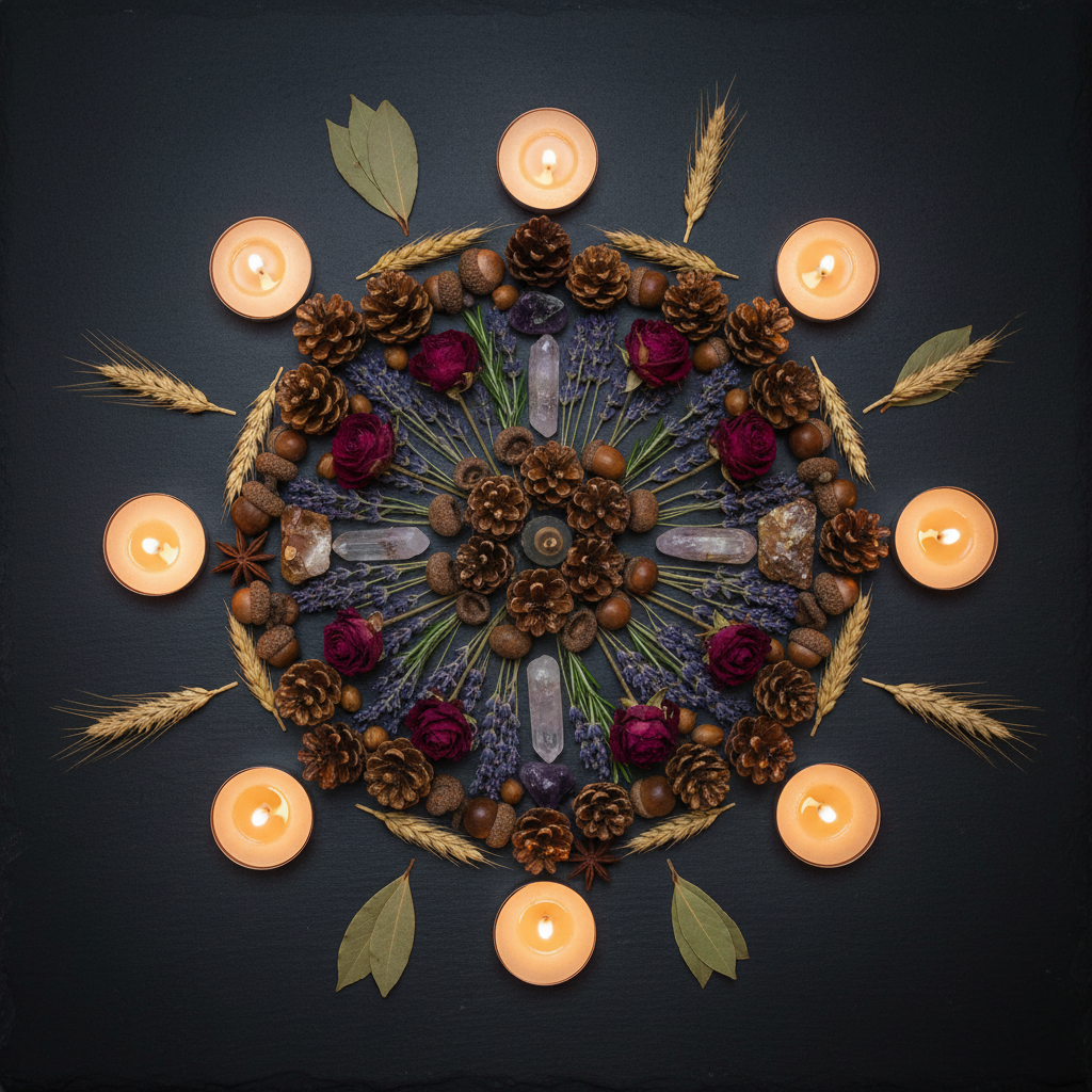 Dark flat lay with eight candles arranged in a wheel with seasonal crystals and botanicals