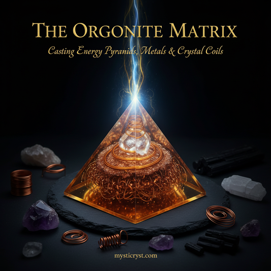 The Orgonite Matrix — polished amber orgonite pyramid with copper shavings and glowing quartz crystal inside projecting energy beam