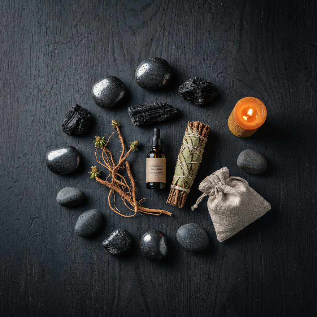 Dark flat lay with raw hematite, black tourmaline, vetiver root oil bottle, dried dandelion roots, cedar smudge, river stones, and beeswax candle