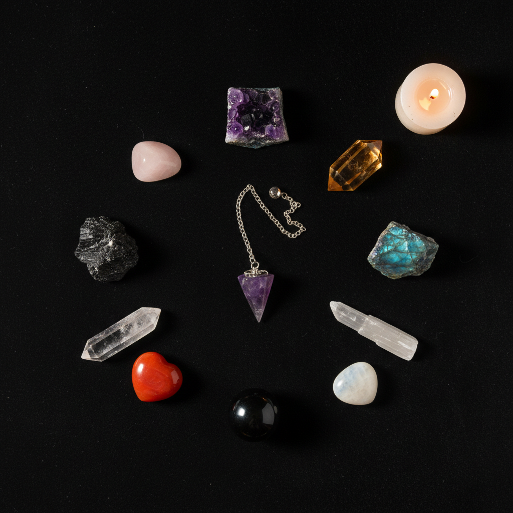 Dark flat lay with crystal pendulum surrounded by ten crystals in mandala formation with candlelight