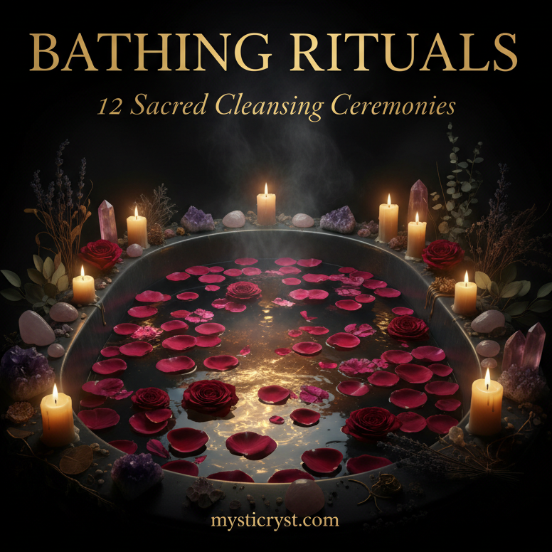 Bathing Rituals: 12 Sacred Cleansing Ceremonies — dark bath with rose petals, candles and crystals