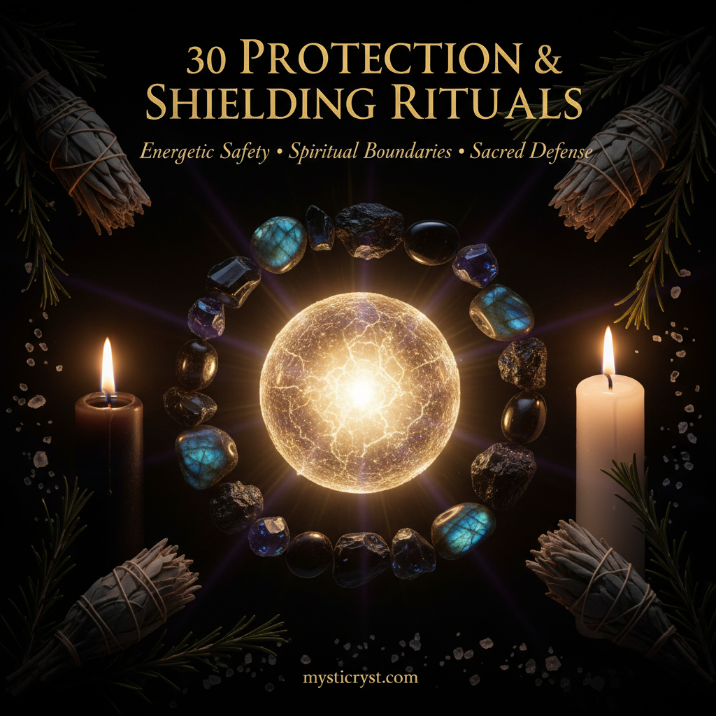 30 Protection & Shielding Rituals — glowing protective sphere with black tourmaline and obsidian