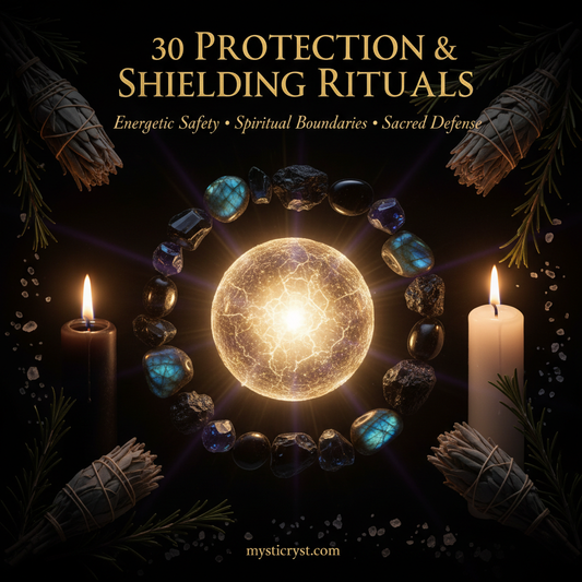 30 Protection & Shielding Rituals — glowing protective sphere with black tourmaline and obsidian