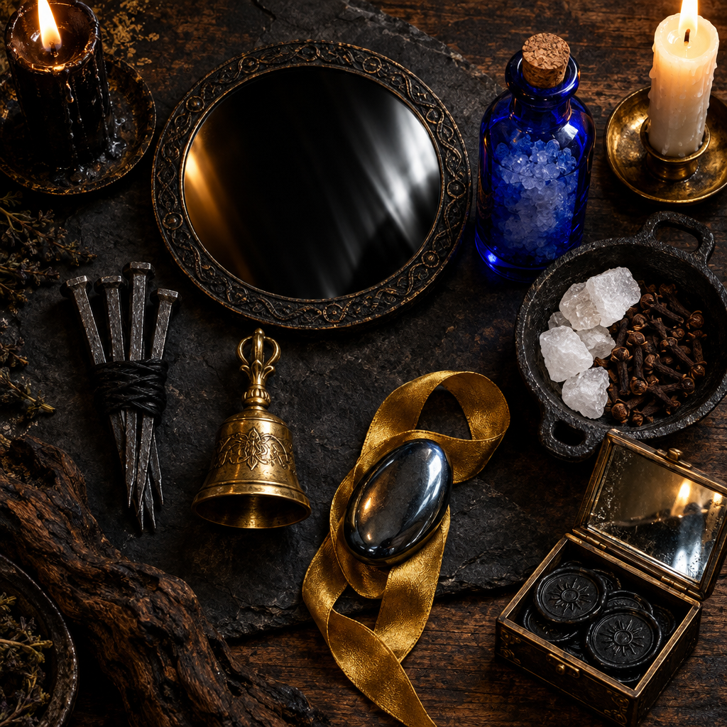 Dark charcoal flat lay of psychic defense sanctum with obsidian mirror, cobalt blue bottle with brine, forged iron nails, camphor blocks, and brass bell
