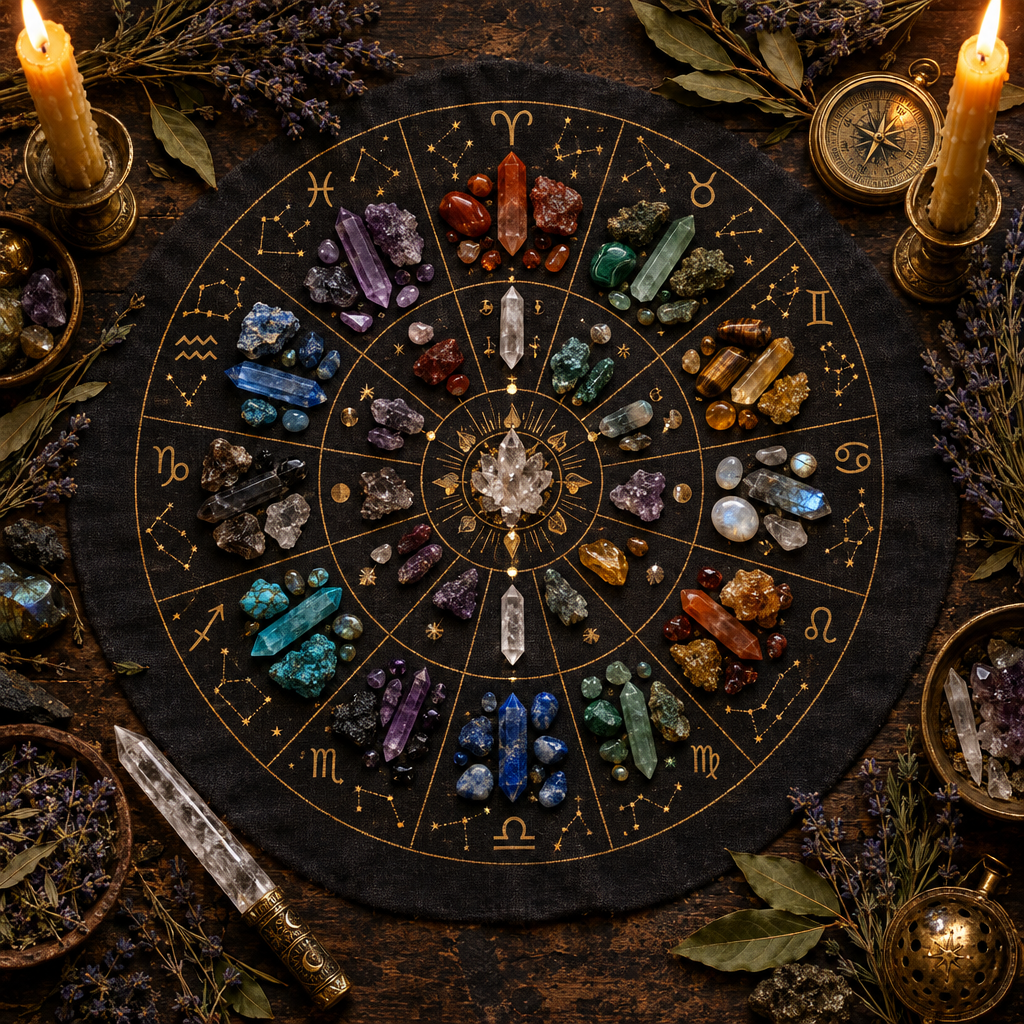 Dark charcoal flat lay of master astrological crystal grid workshop with 12-sign stones, brass compass, clear quartz wand, and candlelight
